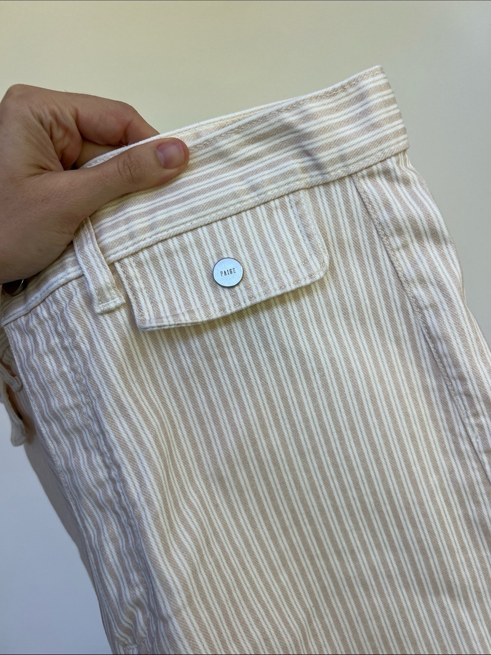 PAIGE anessa tonal cream and tan stripe wide leg slight crop jeans raw hem 30 - Picture 8 of 10
